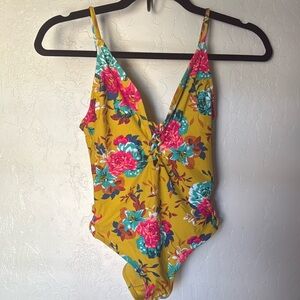 Xhilaration |Women’s Mustard Yellow Floral One Piece Swimsuit | Size Small